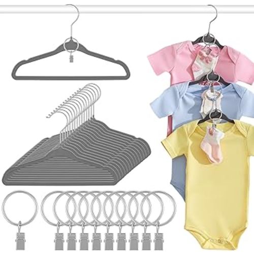 Hsei 25 Pack Baby Velvet Hangers with Ring Clips 11.02 Inch Baby Clothes Hanger for Socks Kids Felt Hangers for Closet, Space Saving Toddler Clothes Hanger for Infant Toddler
