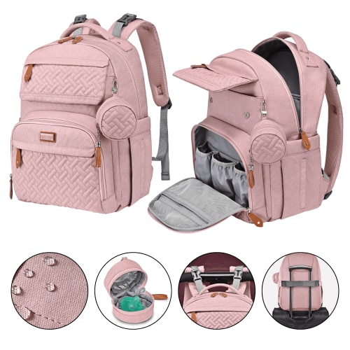 BabbleRoo Diaper Bag Backpack, Travel Backpack with Changing Pad, Pacifier Case & Stroller Straps, Multifunction, Waterproof, Unisex – Pink