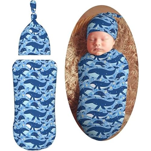 Blue Ocean Whale Newborn Swaddle Blankets Hat Sets Soft Baby Receiving Blanket Swaddle Sack for Baby Shower Infant Boy Girl Gift