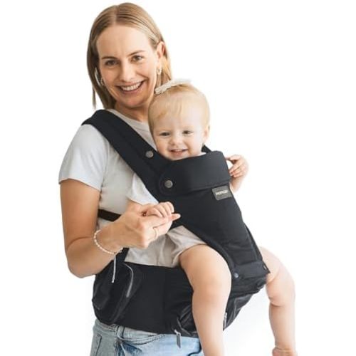 Momcozy Baby Carrier with Hip Seat, 2-in-1 Forward-Facing Carry for Long Walks, Detachable Hands-Free Infant Carrier 7-44lbs, All Seasons Toddler Carrier Fits Waist Sizes up to 45 Inches, Black