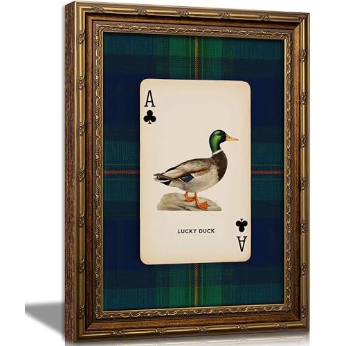 FKRYTYB Vintage Framed Lucky Duck Wall Art Mallard Duck Painting 9x11in | Mallard Ace of Clubs Playing Card Canvas Print, een Tartan Plaid Hunting Decor for Cabin, Living Room & Man Cave