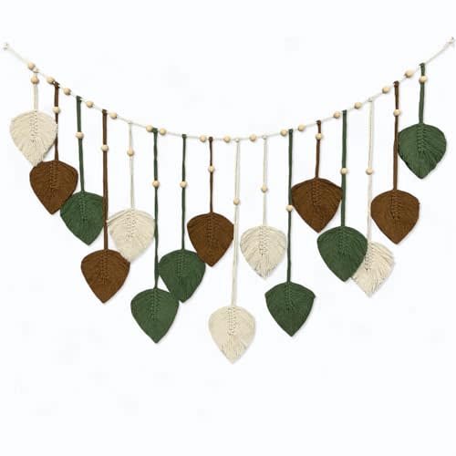 Nature-Inspired Macrame Leaf Wall Hanging, Handcrafted Green Tapestry Boho Home Decor, Bohemian Art Nursery Living Room Bedroom Backdrop Chic Decoration (Green Caramel Off White 47.2“*30”)