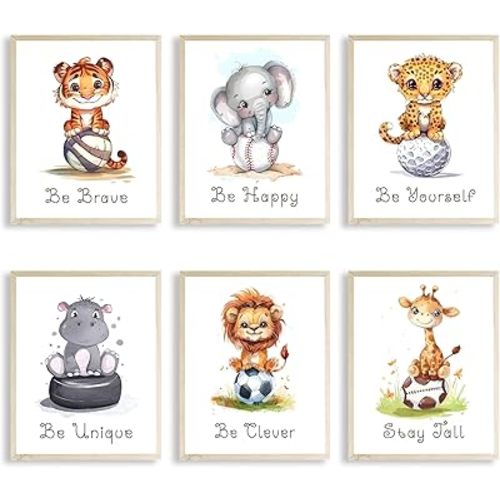 Eastern Print Safari Animals Sport Poster Set, Baby Boy Nursery Wall Decor, Set of 6, Jungle Nursery Art, Baby Animal Prints, Safari Wall Art, Wildlife Decor Room Art, 8x10 Inch, UNFRAMED