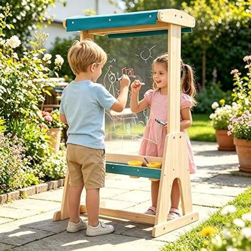 HONEY JOY Wooden Art Easel for Kids, Double-Sided Toddler Easel w/Transparent Board,Paper Roll, Sun-Proof Canopy & Storage Trays, Outdoor & Indoor Paint Station for Boys and Girls