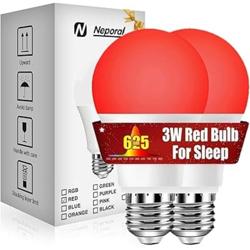 Neporal 625nm 3W Red Light Bulbs for Sleep, 100% Blue Light Blocking Light Bulbs for Melatonin Promoting, A19 LED 40W Equivalent Dim Red Night Light Bulb for Baby Nursery, Sleeping, Reading, 2-Pack