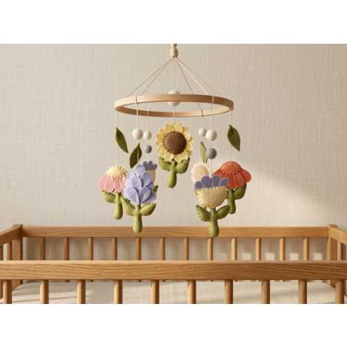 Flower Baby Mobile, Felt Crib Mobile Nursery Decor, Sunflower Floral Mobile, Handmade Baby Mobile, Girl Nursery, Baby Shower Gift Mobile Arm