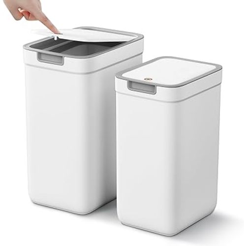 MOPALL 2 Pack Bathroom Trash Can with Lid, 3.6Gal + 2.4Gal Garbage Can with Pop-Up Lid, Small Trash Can Dog Proof, Slim Trash Bin Waste Basket for Toilet, Office, Bedroom, Living Room, Kitchen (White)