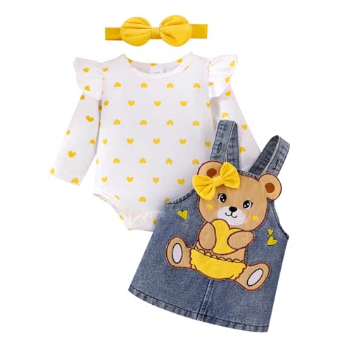 TOKIAGO Baby Girl Clothes Fall Winter Outfits Long Sleeve Romper Bear Cartoon Suspender Skirt Bow Headband Set 0-18 Months