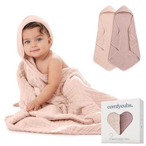 Comfy Cubs Hooded Baby Towel 2-Pack, Large 32 x 32 Inch - 6 Layer 100% Muslin Cotton for Babies, Toddlers, Kids - Soft & Absorbent Baby Bath Towels - Unisex Design for Bath Time, Mauve and Blush