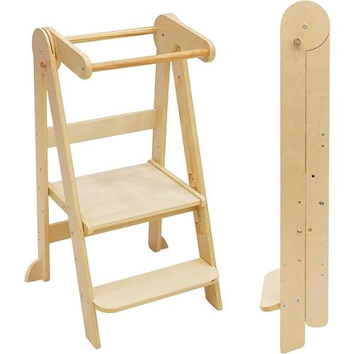 Foldable Toddler Tower, Kitchen Step Stool, Folding Tower for Learning with 3 Adjustable Heights Montessori Toddler Standing Tower Collapsible Step Stool for Kids 1.5-6 Years Natural