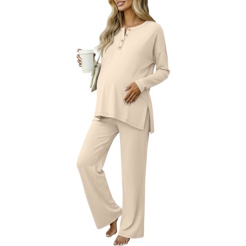 Women's Maternity Pajamas Sets, Long Sleeve Pregnancy Postpartum Delivery Lounge Nursing Pjs with Pockets Pjs