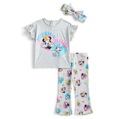 Minnie and Daisy Baby Girls Ruffle Graphic Top and Flare Leggings with Bow Headband Set, 3-Piece, Sizes 0/3M-24M
