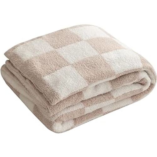 LLanCL Fashion Checkerboard Throw Blankets, Soft Cozy All Seasons Gingham Blanket for Bed and Sofa Elegant Checkered Plaid Home Decor(Throw Size 51"x63", Beige)