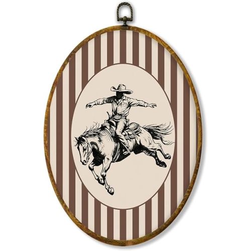 shiviody Western Cowboy Nursery Canvas Wall Art Decor, Vintage Striped Cowboy Nursery Decor, Rustic Oval Hanging Frame Prints Decorations for Home Kids Toddler Room Bedroom Playroom 8.6"x11.4"