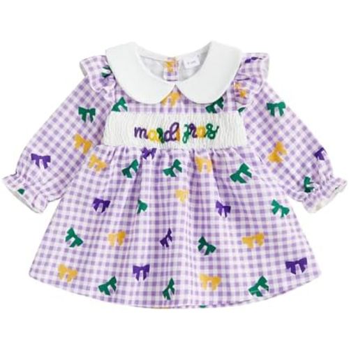 Toddler Baby Girl Mardi Gras Outfit Letter Embroidery Doll Collar Smocked A-Line Plaid Dress Spring Carnival Clothes