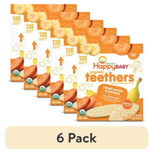 (6 pack) Happy Baby Organics Teethers, Sweet Potato & Banana Organic Gluten Free Gentle Teething Wafers, Box of 12-2packs (24 wafers)
