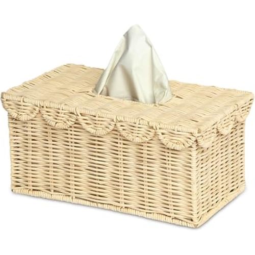 BEBE BASK Handwoven Saclloped Rectangle Tissue Box Cover (8.6 × 5 × 4 in) – Rattan Tissue Box Cover Rectangle - Elegant Home Accent - Natural