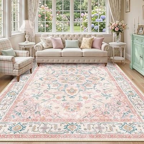 CAPALOCA Machine Washable Rugs Nursery Rug 8x10 Cute Girl Non Slip Low Pile Water Repellent Soft Print Pattern for Bedroom Indoor Decor Kids Playroom Pink Teal