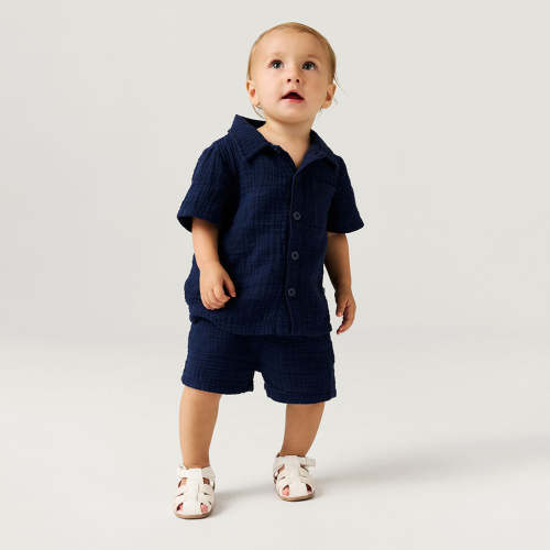 Varsity Navy Cotton Crinkle Button Down Short Set