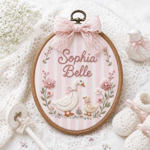 Personalized Mother Goose Name Hoop | Custom Baby Girl Nursery Wall Art | Embroidered Duckling Family Sign | Newborn Keepsake Gift, Mom Gift
