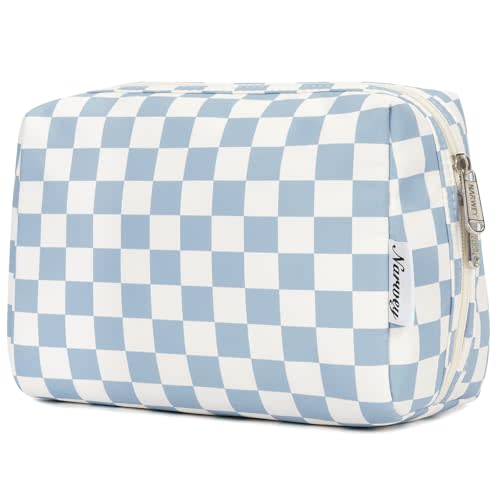 Narwey Checkered Makeup Bag Travel Cosmetic Bag Organizer Toiletry Bag Make Up Bags with Compartments for Women Girls((Large, Sky Blue Checkerboard)