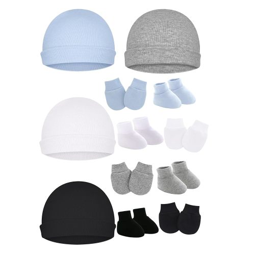Cotton Baby Hats Mittens and Socks Set Unisex, Toddler No Scratch Mittens and Beanie Cap Infant Newborn Hospital Hat