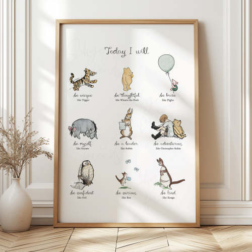 Today I Will Winnie-the-Pooh Nursery Wall Art, Minimal Neutral Style