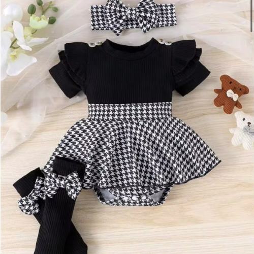 1pc Baby Girl Cute Comfortable Short Sleeve Ribbed Patchwork Romper With Leg Warmers And Headband, Thin Summer | SHEIN USA