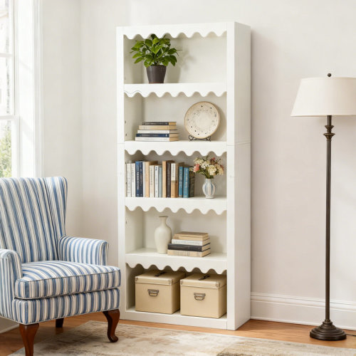 Dovecove 5-Tier White Bookcase, Tall Bookshelf With Scalloped Edges For Living Room | Wayfair