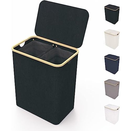 Lonbet - Laundry Baskets with Lid - XXL 100 Litres - Large Washing Baskets for Laundry with Handles - Laundry Baskets for Bedrooms - Bamboo Bathroom Bin (Black, Double)