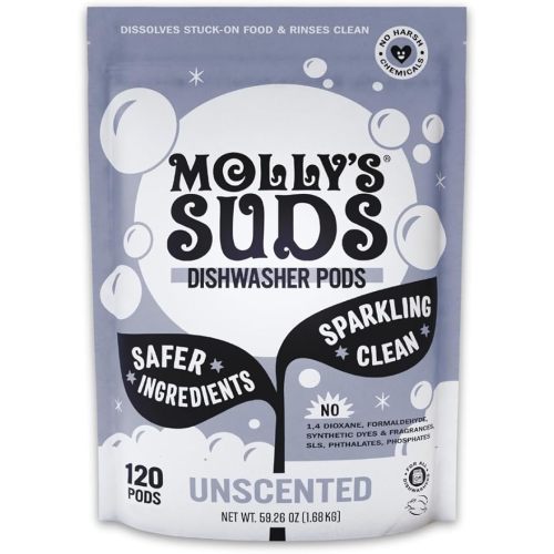Molly's Suds Dishwasher Pods | Clean Dishwasher Detergent, Cuts Grease & Rinses Clean (Residue-Free) for Sparkling Dishes | 120 Auto-Release Tabs (Unscented)