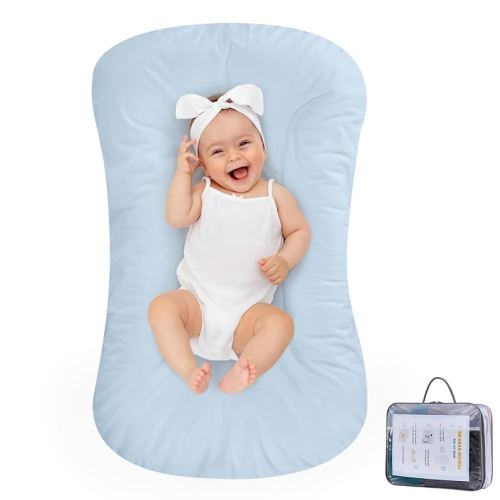 100% Cotton Baby Lounger Play Mat,Tummy Time Mat with Cover for 0-24 Months Newborn Baby,Washable Play Gym Mats for Home Travel-Blue