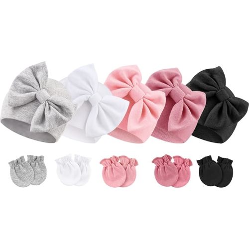 BQUBO Newborn Baby Girls Hats Mittens Set Hospital Hat Beanie Infant Bow Hats Baby Cotton Gloves for 0-6 Months