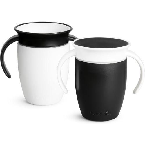 Munchkin Sippy Cup for 6 Month Old and Up, Spill Proof Miracle 360 Toddler Cups with Transition Handles, 7 Ounce, 2 Pack, Black/White