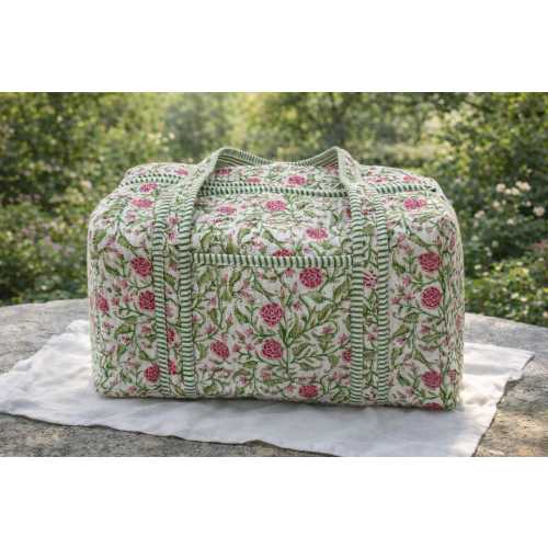 Floral Quilted Travel Bag, Handmade Cotton Weekender Duffel, Block Print Overnight Bag, Eco Friendly Gift For Her, Jaipur Print Market Bag