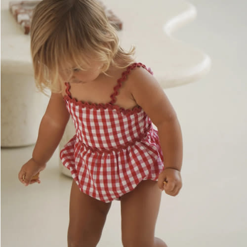 PICNIC RIC RAC ROMPER - CHERRY GINGHAM