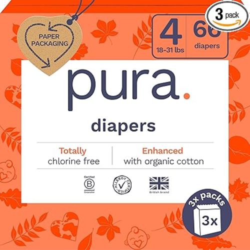 Pura Size 4 Eco-Friendly Diapers (18-31lbs) TCF Hypoallergenic, Soft Organic Cotton, Sustainable, up to 12 Hours Leak Protection, Allergy UK, Recyclable Packaging, 3 Packs of 22 (66 Diapers)