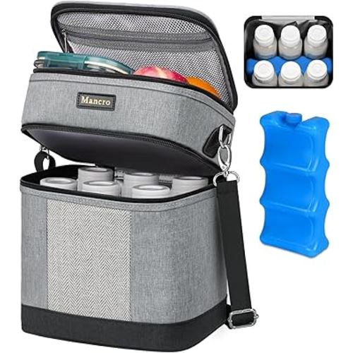Mancro Breastmilk Cooler Bag with Ice Pack, insulated bottle bag for Daycare and Travel, Double Layer Baby Bottle Cooler Bag Fits 6 up to 9 Ounces for Nursing Moms, Light Grey