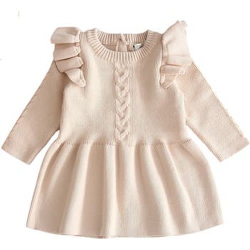 Eva Ruffle Shoulder Long Sleeve Knit Cotton Dress