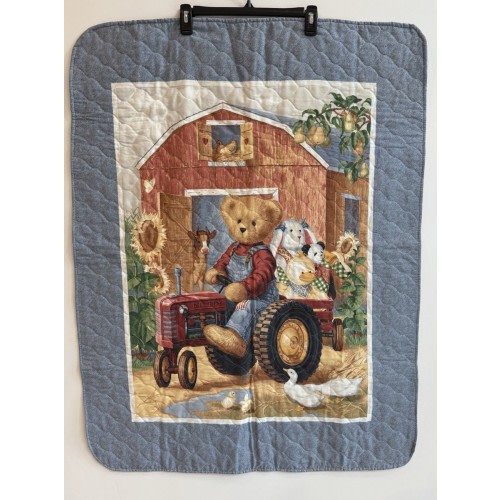 Hand Quilted Blue Jean Teddy Bear Tractor Farm Baby Blanket Vintage Gingham Barn