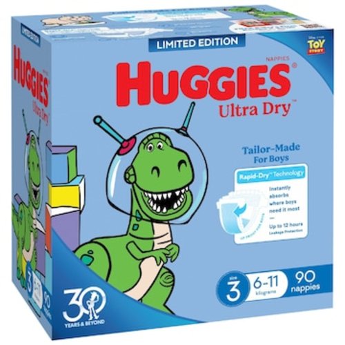 Huggies Ultra Dry Nappies Boys Size 3 (6-11kg) 90 pack | Woolworths
