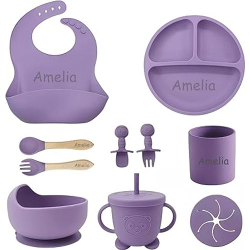 Personalized Silicone Suction Plates for Baby，Custom Toddlers Spoon and Fork, Baby Feeding Set with Name,Baby Birthday Gift for Boy & Girl (Purple)
