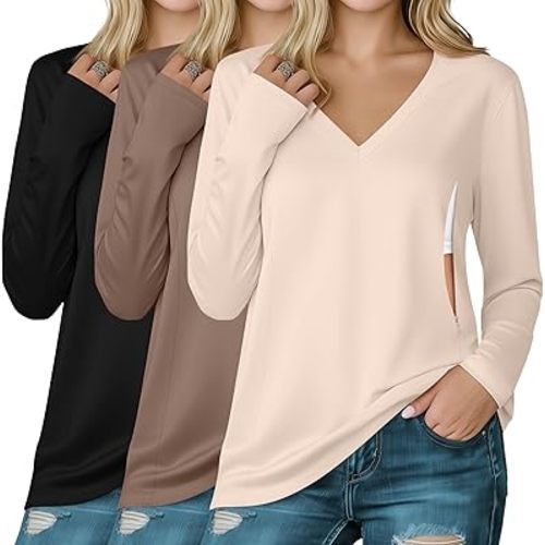 Huukeay 3 Pack Women's Long Sleeve Nursing Tops, Breastfeeding Hidden Zippers Shirts V Neck Maternity Pregnancy Tees Clothes