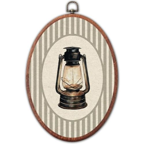 Lulavo Vintage Lantern Nursery Oval Wall Art, Grey Striped Canvas Prints Framed, Retro Rustic Lantern Decor for Neutral Baby Toddler Room Playroom Bedroom Hanging Decoration, 8.6 x 11.4 Inch