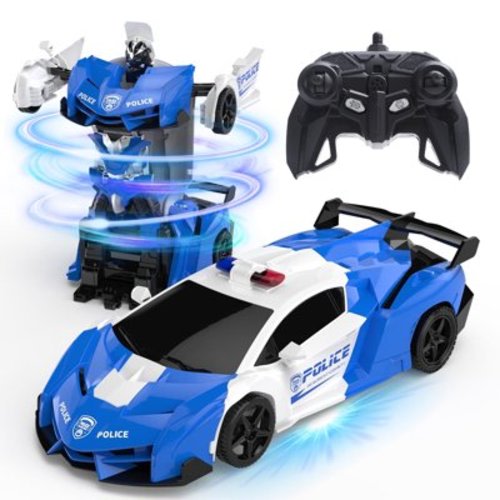 DEERC Transform Remote Control Car, 2.4GHz Robot RC Cars, 1:18 Scale Police Car Toy One-Button Deformation & 360° Rotating Drifting for Kids Boys Age 4-7 8-12
