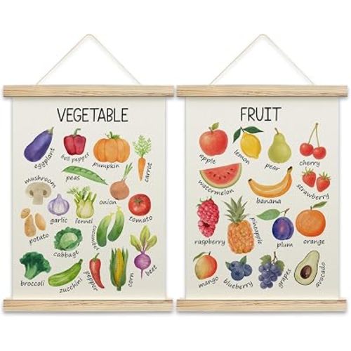 Eyouyeqi Fruits Vegetables Wall Art Set with Wood Hanger Frame, Educational Canvas for Kids Toddlers, Colorful Learning Wall Decor for Playroom Nursery Classroom, Kitchen Food Decoration,04