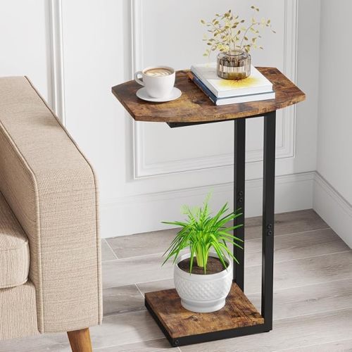 Hosfais Small Side Table End Table, C Shaped Barrel Coffee Table with Metal Frame, Wooden TV Tray for Living Room, Bedroom, Couch, Small Spaces (Rustic Brown)