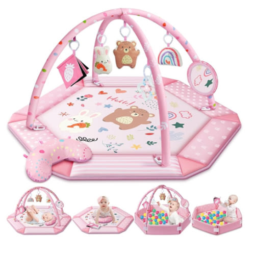 Baby Gym Play Mat, 8-in-1 Tummy Time Mat & Ball Pit with 6 Toys, Washable Baby Activity Mat for Visual, Hearing, Sensory, Motor Development, Babies Gift for Newborn Infant 0-3-6-9-12 Months (Pink)