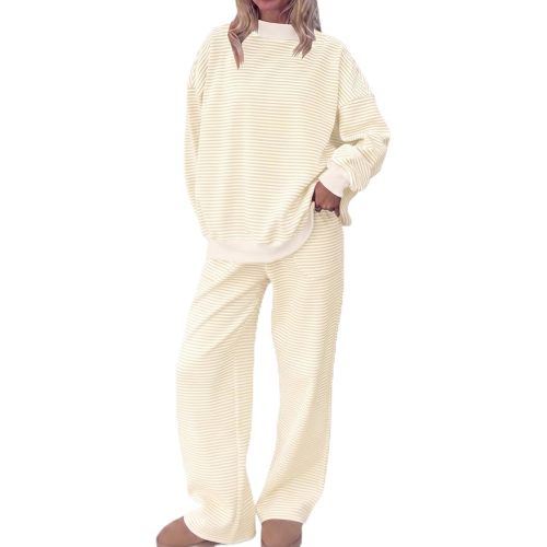 TERIVEEK Womens Striped Lounge Set Oversized Mock Neck Top Matching Pj Sets