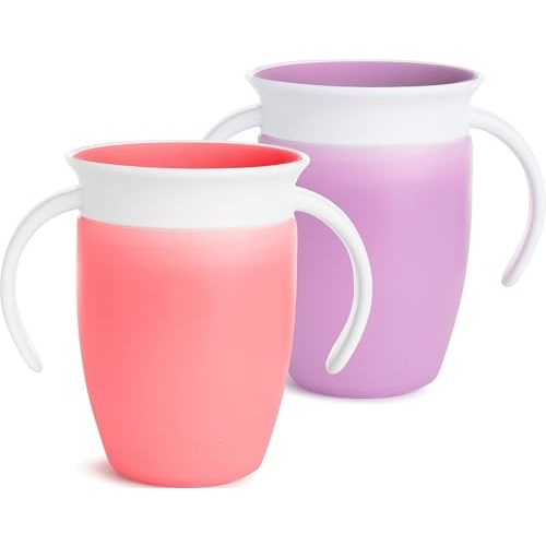 Munchkin Miracle 360 Sippy Cup for 6 Month Old, Spill Proof Baby and Toddler Cups with Transition Handles, 7 Ounce, 2 Pack, Pink/Purple